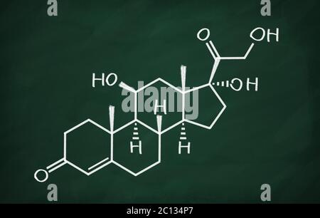 Structural model of Cortisol on the blackboard. Stock Photo