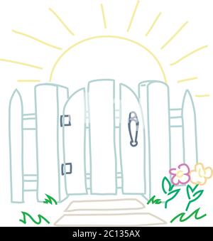 Storybook white picket fence with flowers and a latched gate. A sun is rising behind it Stock Vector