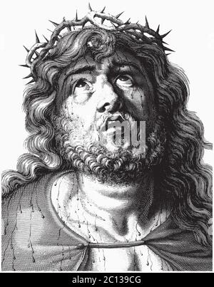 Engraving of Jesus Christ with crown of thorns, vector illustration Stock Vector