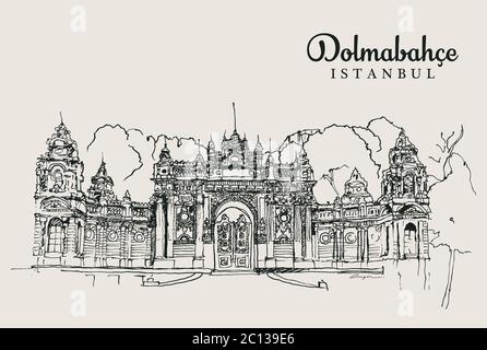 Drawing sketch illustration of the grand gate of Dolmabahce Palace in Besiktas, Istanbul. Dolmabahce is an old Ottoman royal palace. Stock Vector