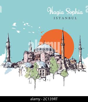 Drawing sketch illustration of the Maiden's Tower, the tower on an islet in the middle of the Bosphorus, Istanbul Stock Vector