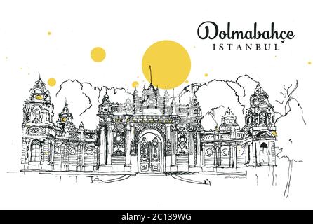 Drawing sketch illustration of the grand gate of Dolmabahce Palace in Besiktas, Istanbul. Dolmabahce is an old Ottoman royal palace. Stock Vector