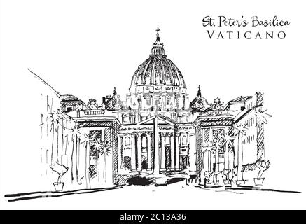 Drawing sketch illustration of St. Peter's Basilica in Vatican City. Stock Vector