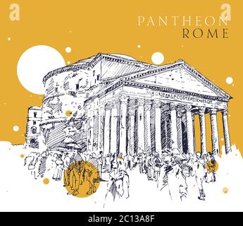 Drawing sketch illustration of the Pantheon building, one of the most important historical landmarks of Rome, the Italian capital. Stock Vector