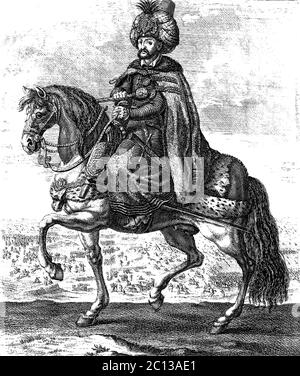 Ottoman Sultan riding a horse, vintage engraving vector illustration Stock Vector