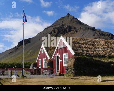 wooden houses with grass roof in Arnastapi, Snaefellsnes, Iceland Stock Photo