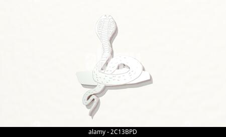 SNAKE made by 3D illustration of a shiny metallic sculpture on a wall with light background. black and reptile Stock Photo