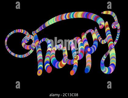The word Happy written by colorful circles. Isolated on black background. Lettering Stock Photo