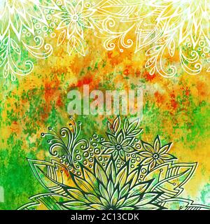 Floral Pattern on Watercolor Painting Stock Photo
