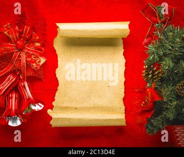 Christmas vintage scroll on red background Stock Photo