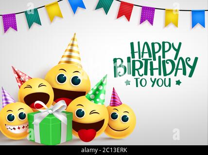 Happy birthday emoji vector greeting design. Happy birthday to you greeting text with cute smiley emoji in party elements like hat and gift. Stock Vector