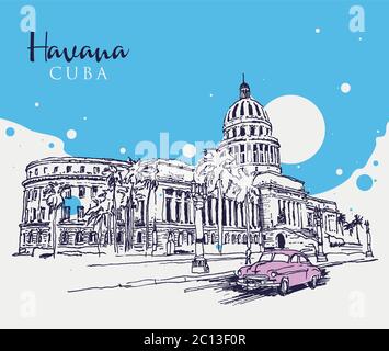 Drawing sketch illustration of the Capitol building or El Capitolio in Havana, the Cuban capital city Stock Vector