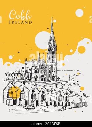 Drawing sketch illustration of a street in Cobh and St. Colman's Cathedral, Ireland Stock Vector