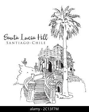 Drawing sketch illustration of Santa Lucia Hill park in Santiago, Chile Stock Vector