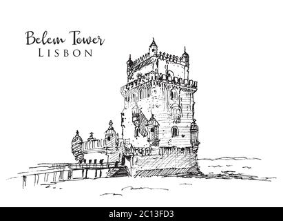Drawing sketch illustration of Belem Tower in lisbon, Portugal Stock Vector
