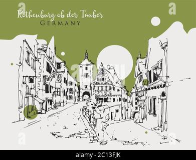 Drawing sketch illustration of Rothenburg Ob der Tauber, Germany Stock Vector