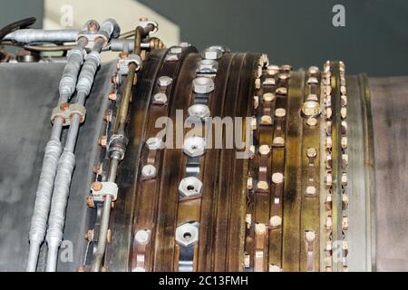 the internal structure of the aircraft engine, army aviation, military  and aerospace industry. Stock Photo