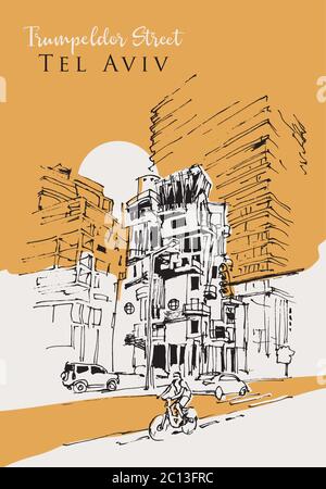 Drawing sketch illustration of Trumpeldor Street along the Promenade of Tel Aviv, Israel Stock Vector