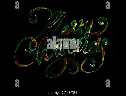 Merry Christmas isolated text written with flame fire light on black background. rainbow colors Stock Photo