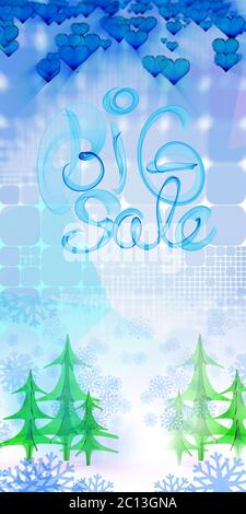 Big sale lettering written with blue smoke or flame on geometric square abstract background with christmas tree and snowflake. 3 Stock Photo