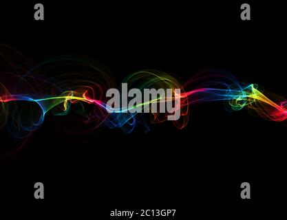abstract colorful wavy smoke flame over black background. Stock Photo