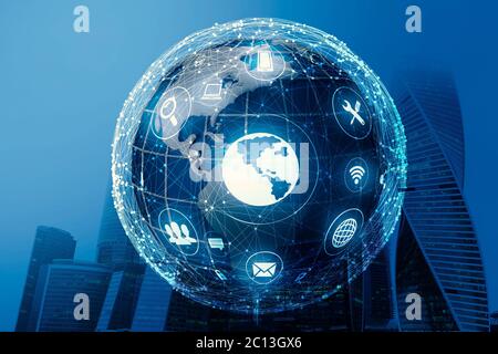 Internet Technologies Background With Holographic Globe Over Urban Cityscape Stock Photo