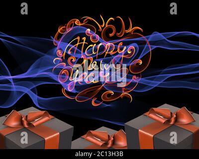 Colorful and striped boxes with gifts tied bows on dark abstract space background with happy new year letteing written by fire. Stock Photo