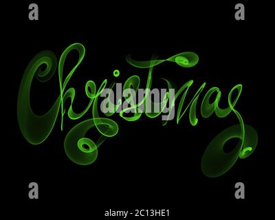 Christmas word lettering written with green fire flame or smoke on black background Stock Photo