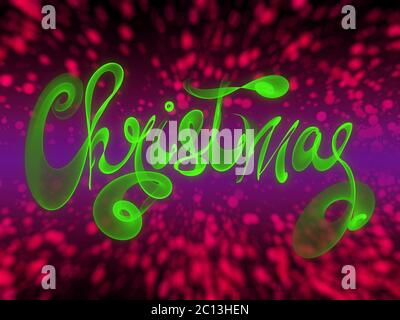 Christmas word lettering written with green fire flame or smoke on blurred bokeh background Stock Photo