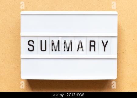 Lightbox with word summary on wood background Stock Photo