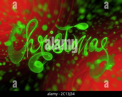 Christmas word lettering written with green fire flame or smoke on blurred bokeh background Stock Photo