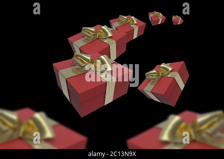 Colorful and striped boxes with gifts tied bows on black background. Happy new year or valentines 3d illustration Stock Photo