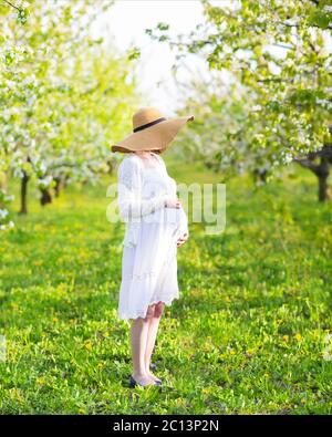 Beautiful pregnant woman in blooming garden Stock Photo