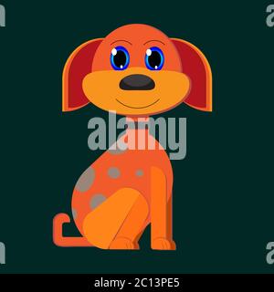 Happy cartoon puppy sitting, Portrait of cute little dog wearing collar. Dog friend. Vector illustration. Isolated on green background Stock Vector