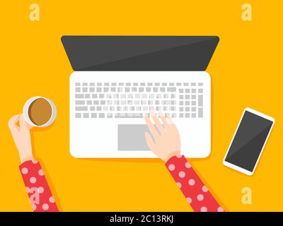 Hands holding coffee cup working on computer and smartphone, work from home concept, study from home concept, top view, vector illustration Stock Vector