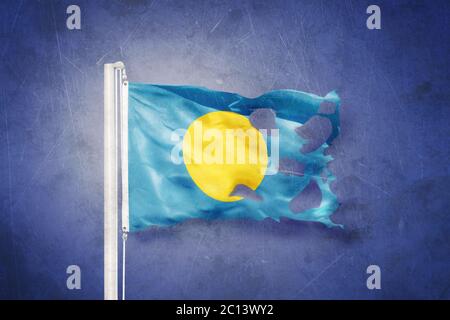 Torn flag of Palau flying against grunge background Stock Photo