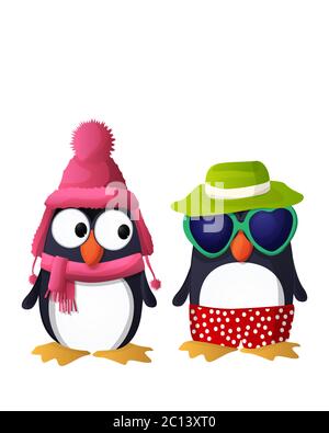 Vector penguin characters dressed in winter and summer clothes over white background Stock Vector