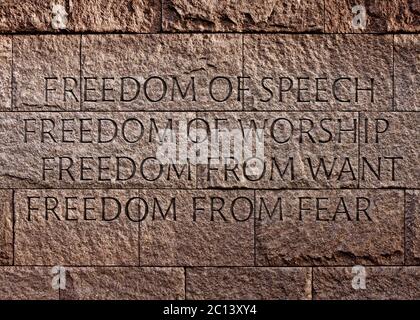 Freedom quote at the Franklin Delano Roosevelt Memorial in Washington DC. Stock Photo