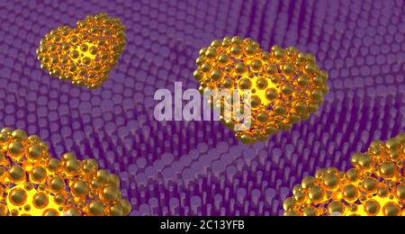 metal gold hearts made of spheres with reflections and flying over cylindrical abstract bacground. Happy valentines day 3d illus Stock Photo
