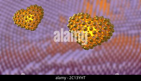 metal gold hearts made of spheres with reflections and flying over cylindrical abstract bacground. Happy valentines day 3d illus Stock Photo