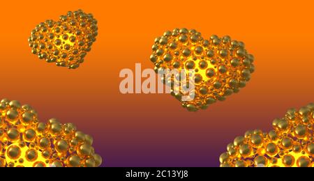 metal gold hearts made of spheres with reflections and flying over violet gradient bacground. Happy valentines day 3d illustrati Stock Photo