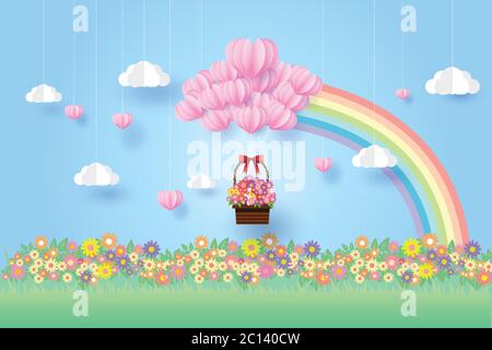 heart and flower in the sky, rainbow, valentine day,paper art style,vector design Stock Vector
