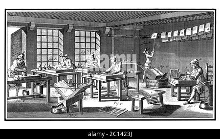 18th century illustration of marbled paper manufacturing. Published in 'A Diderot Pictorial Encyclopedia of Trades and Industry. Manufacturing and the Stock Photo