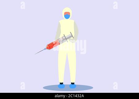 Doctor wearing hazmat holding injection concept. Vaccine vector illustration. Flat design Stock Vector