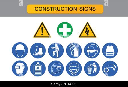 construction sign, protective equipment , protection on work,  industry health and safety icon vector collection. Stock Vector