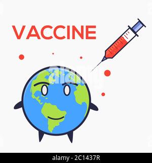 Earth and vaccine injection vector illustration. Flat cartoon style vector illustration Stock Vector
