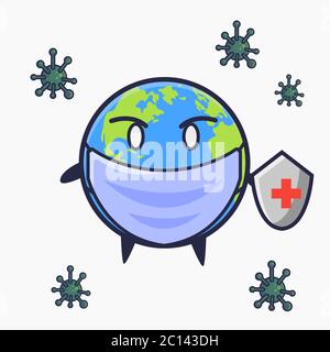 Vector of Earth fighting coronavirus. Earth with shield and viruses vector illustration. Flat cartoon style Stock Vector
