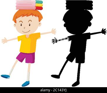 Boy balancing books on his head in color and silhouette illustration Stock Vector