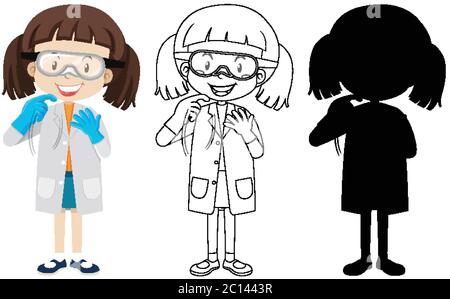 Cute chemist girl with its silhouette and outline illustration Stock Vector