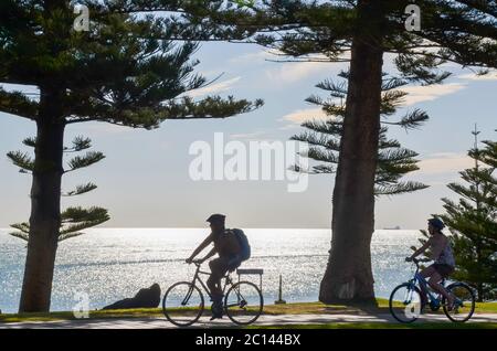 Older people riding bicycles along the promenade and silhouetted against the western sun at Cottesloe Beach in Perth, Western Australia Stock Photo